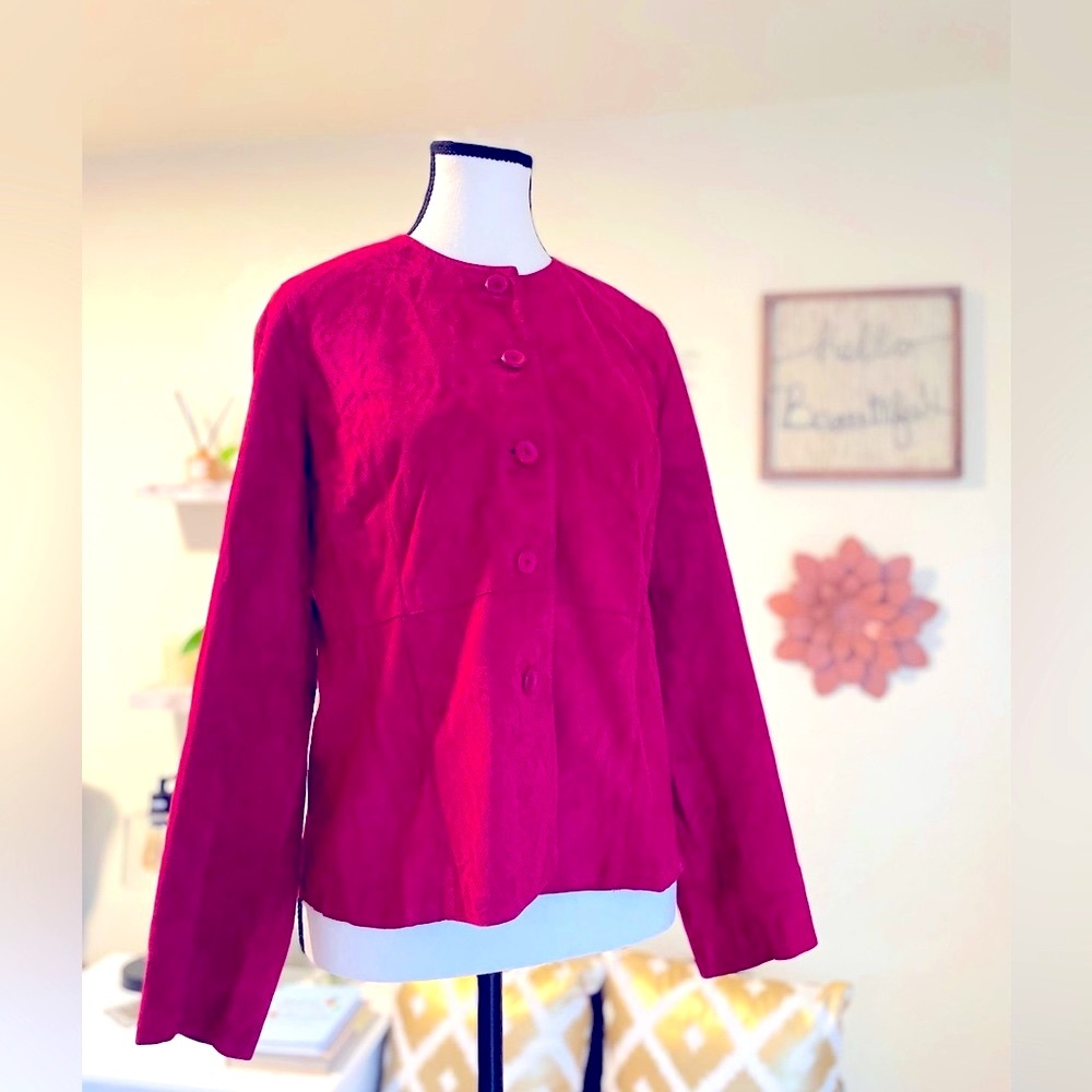 Eileen Fisher Goat Suede Leather Jacket blazer Cranberry Red Size Petite Small